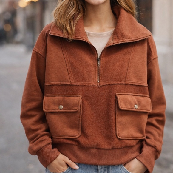 New In Tops - 1/2 zip pullover fleece top with patch pocket front and snap detail